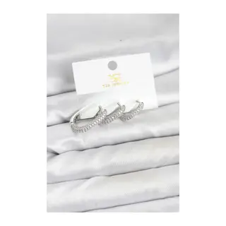 Pirinç Gümüş Renk Zirkon Taşlı Halka Model YSX Trio Küpe Seti