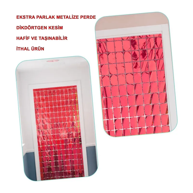NessiWorld Ekstra Metalize Kırmızı Renk Disko Dikdörtgen Kesim Kapı Perdesi Dekorasyon 1x2 Metre