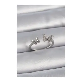 Pirinç Gümüş Renk Ayarlanabilir Zirkon Taşlı Kelebek Model Kadın Yüzük