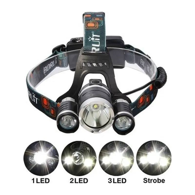 Boruit T6 Kafa Feneri 5000 Lumens 3Xcree Xm-T6+2R5 Lamba Led Kamp Lambası