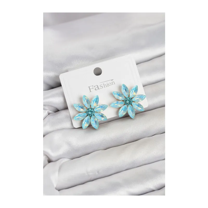 Buz Mavisi Renk Kristal Taşlı Lotus Çiçek Model Kadın Küpe