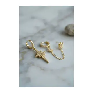 3 lü Set Küpe Gold Renk Zincir Detaylı