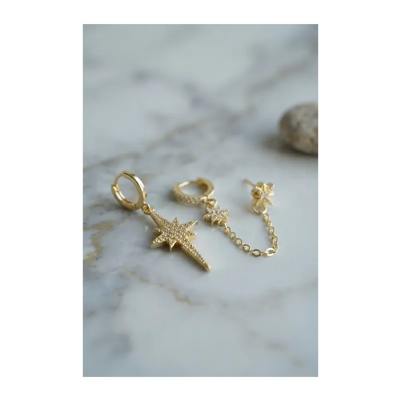 3 lü Set Küpe Gold Renk Zincir Detaylı