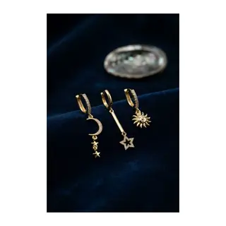 3 lü Set Ay Yıldız ve Güneş Model Gold Renk Kadın Küpe