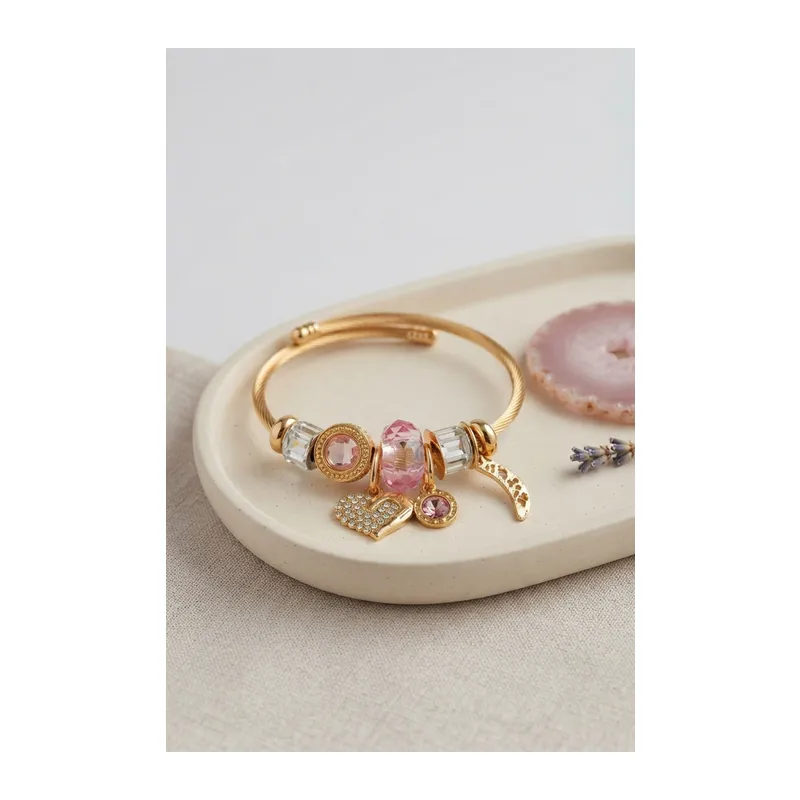 Kalp Model Gold Renk Pembe Charmlı Bileklik