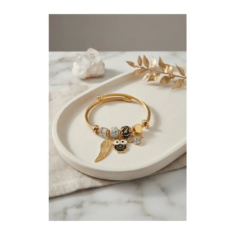 Siyah Baykuş Model Gold Renk Charmlı Bileklik