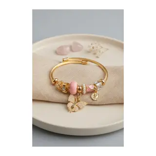 Pembe Kelebek Model Gold Renk Charmlı Bileklik