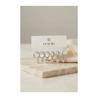 Kalp Zirkon Taşlı Gümüş Renk Pirinç Set Küpe