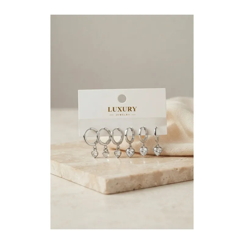 Kalp Zirkon Taşlı Gümüş Renk Pirinç Set Küpe