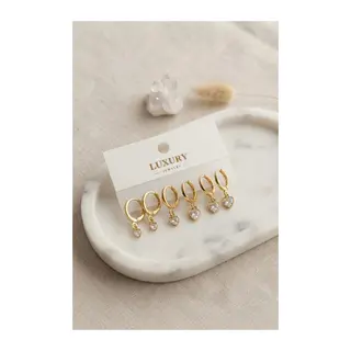 Kalp Zirkon Taşlı Gold Renk Pirinç Set Küpe