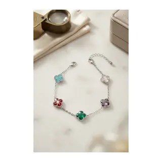 Renkli Kristal Taşlı Gümüş Renk Yonca Model Kadın Bileklik