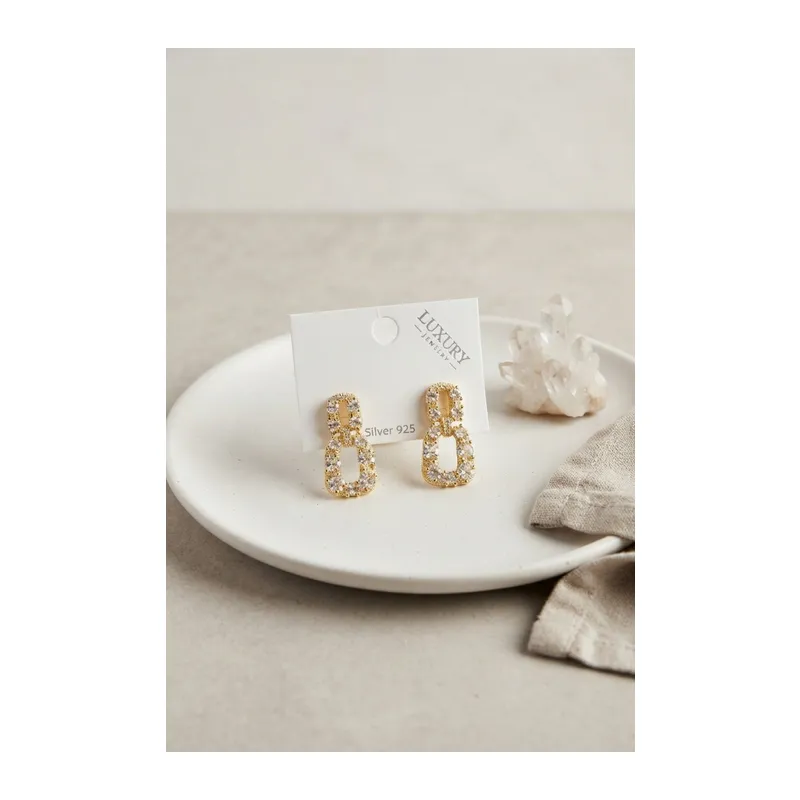 Zirkon Taşlı Gold Renk Pirinç Vintage Kadın Küpe