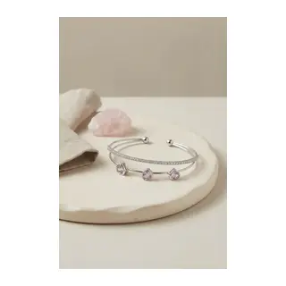 Pembe Kalp Model Zirkon Taşlı Gümüş Renk Kadın Bileklik