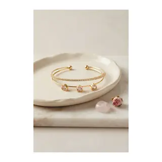 Pembe Kalp Model Zirkon Taşlı Gold Renk Kadın Bileklik
