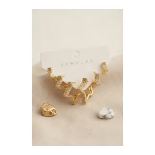 Gold Renk Zirkon Taşlı Pirinç Kalın Yıldız Model Kadın Küpe Seti