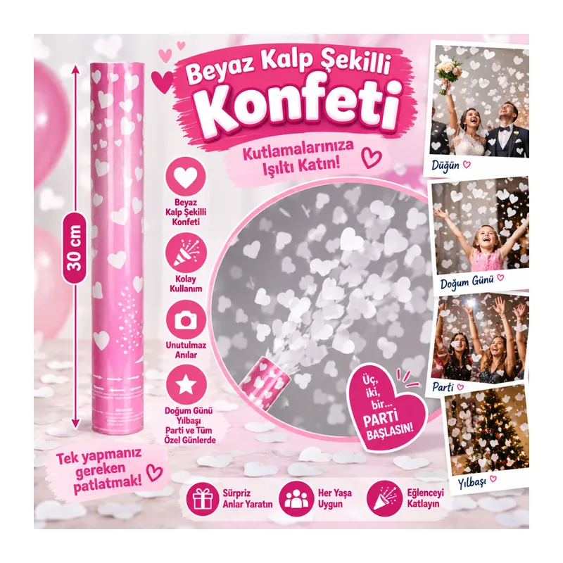 Beyaz Kalp Şekilli Konfeti 38 cm