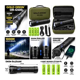 OR-G500 200W 6000 Lümen Uzun Menzilli Zoomlu LED Şarjlı El Feneri