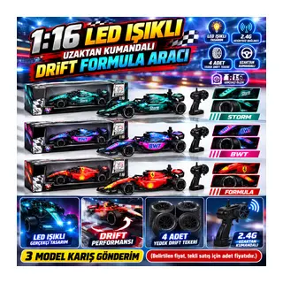 L2501-3 1 16 LED IŞIKLI 4 ADET YEDEK DRİFT TEKERLİ 3 MODEL KARIŞ FORMULA ARACI(Belirtilen fiyat, tekli satış için adet fiyatıdır.)
