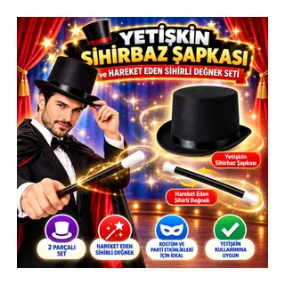 Yetişkin Sihirbaz Şapkası ve Hareket Eden Sihirli Değnek Seti