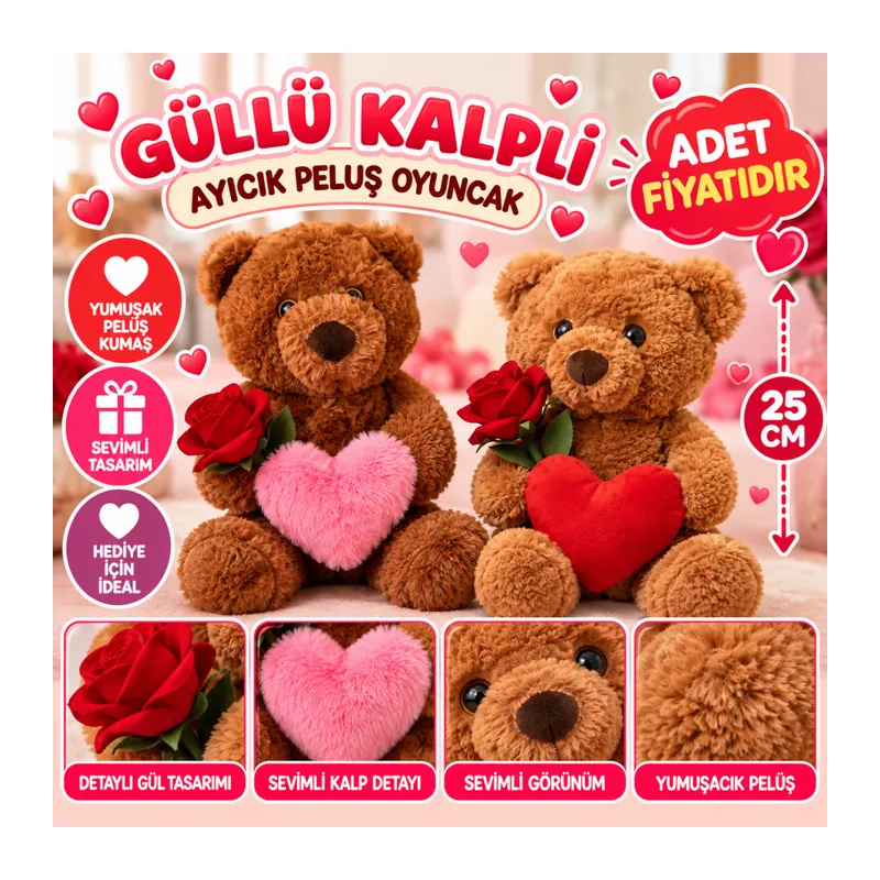 25 Cm Güllü Kalpli Ayıcık Peluş Oyuncak