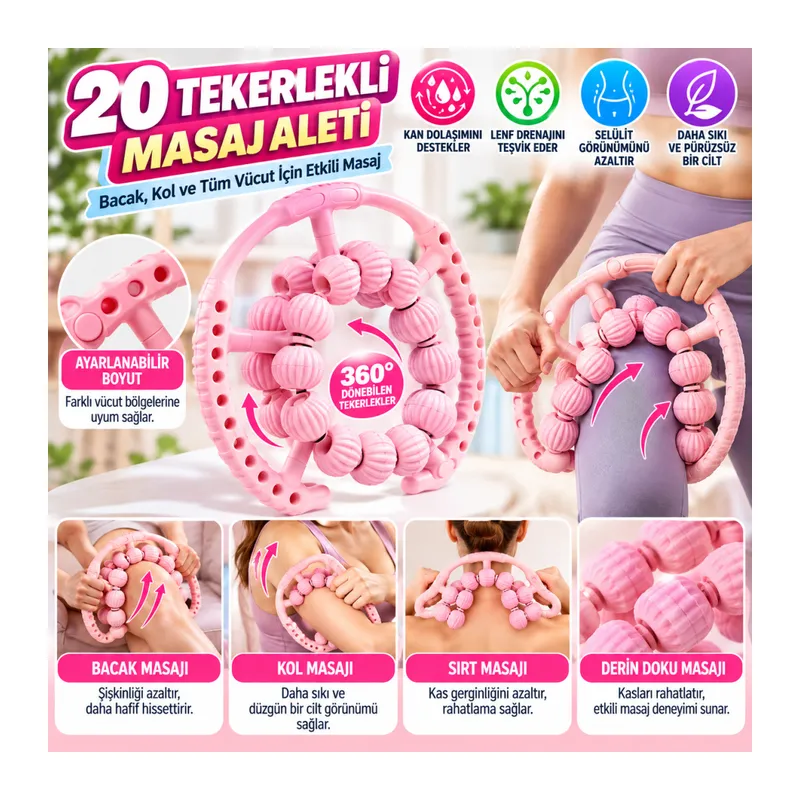 20 Tekerlekli Ayarlanabilir Bacak ve Kol Masaj Aleti – 360° Tam Daire Derin Doku Kas ve Lenfatik Masaj Silindiri