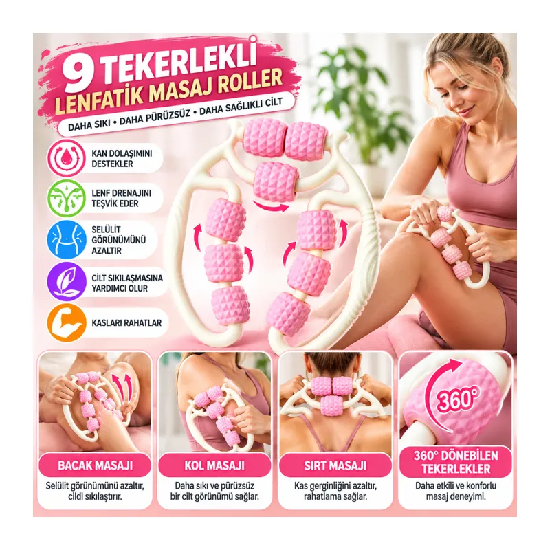 9 Tekerlekli Lenfatik Masaj Roller – Selülit Giderici, Cilt Sıkılaştırıcı, Bacak Kol Sırt Masaj Aleti