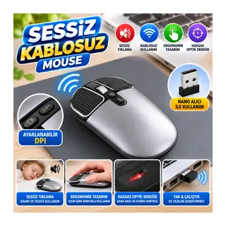 Sessiz Kablosuz Mouse – Wireless Optik Mouse, Sessiz Tıklama, Ergonomik Tasarım