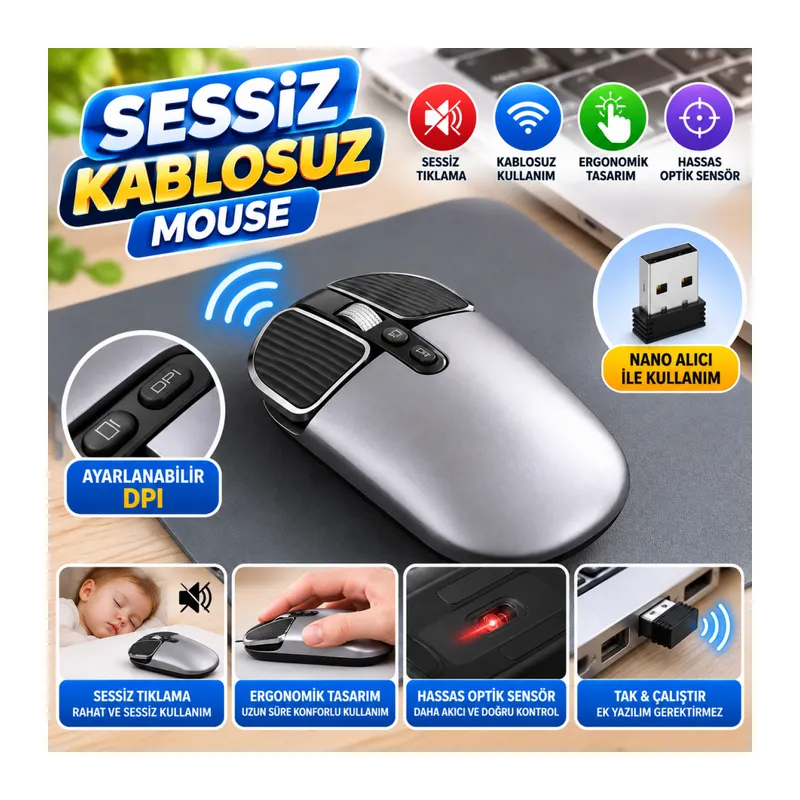 Sessiz Kablosuz Mouse – Wireless Optik Mouse, Sessiz Tıklama, Ergonomik Tasarım