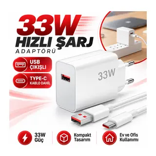 33W Hızlı Şarj Adaptörü – Type-C Kablolu, USB Çıkışlı, Akıllı Şarj Destekli Duvar Tipi Şarj Cihazı