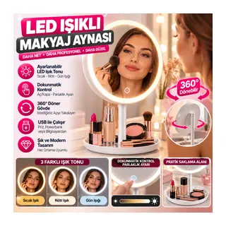 LED Işıklı Yuvarlak Makyaj Aynası – Dokunmatik Ayarlanabilir Işık Tonlu, 360° Döner Masaüstü Profesyonel Makyaj ve Cilt Bakım Aynası