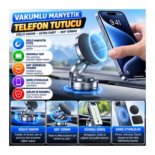 Vakumlu Manyetik Telefon Tutucu – Güçlü Vakum 360° Döner Araç İçi Telefon Standı, Ultra Sabit Manyetik Destekli Mobil Cihaz Aparatı