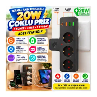 Yumurcak Shop Termal Akım Korumalı 3 Adet Soket,3 Adet USB ve 1 Adet Type-C Girişli 20w Priz Model 3397(adet fiyatıdır)