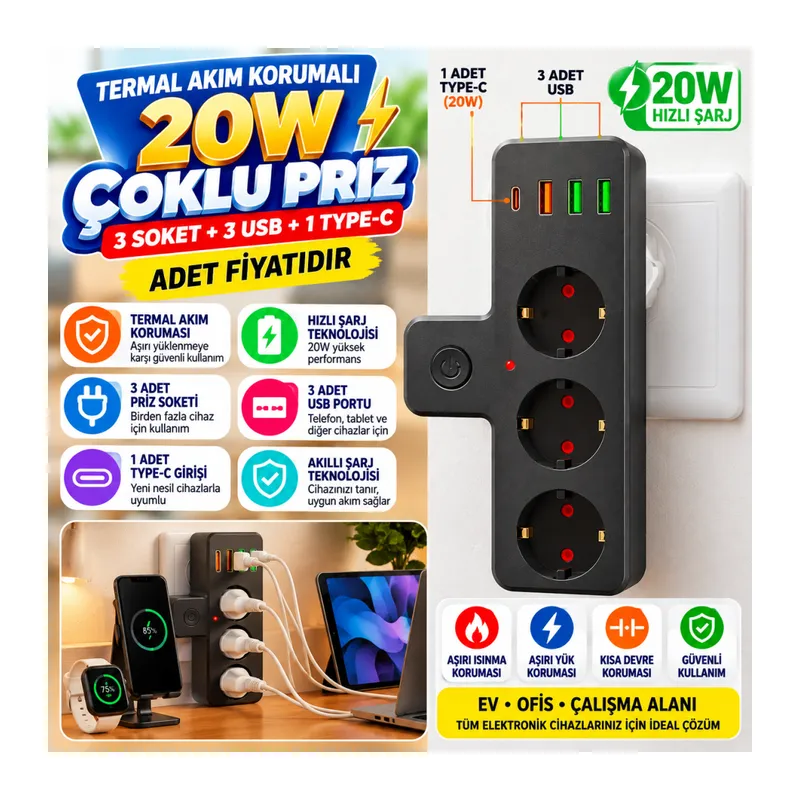 Yumurcak Shop Termal Akım Korumalı 3 Adet Soket,3 Adet USB ve 1 Adet Type-C Girişli 20w Priz Model 3397(adet fiyatıdır)