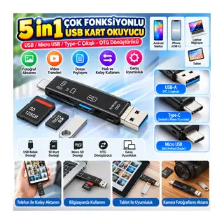 5 In 1 Çok Fonksiyonlu USB 2.0 Micro Sd Kart Okuyucu - Usb/micro Usb/type-C Çıkışlı, Otg Çevirici