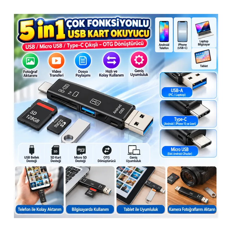 5 In 1 Çok Fonksiyonlu USB 2.0 Micro Sd Kart Okuyucu - Usb/micro Usb/type-C Çıkışlı, Otg Çevirici