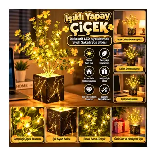Işıklı Yapay Çiçek – Siyah Saksılı LED Dekoratif Bitki, Masaüstü ve Ev Ofis Aydınlatmalı Süs Bitkisi