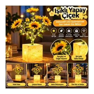 Işıklı Yapay Çiçek – Sarı Saksılı LED Dekoratif Bitki, Masaüstü ve Ev Ofis Aydınlatmalı Süs Bitkisi