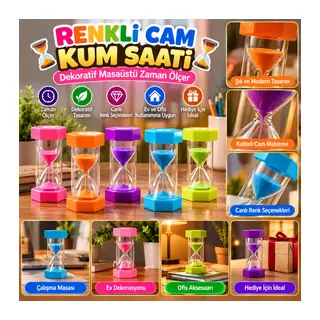 Renkli Cam Kum Saati – Dekoratif Masaüstü Zaman Ölçer, Estetik Ofis ve Ev Aksesuarı