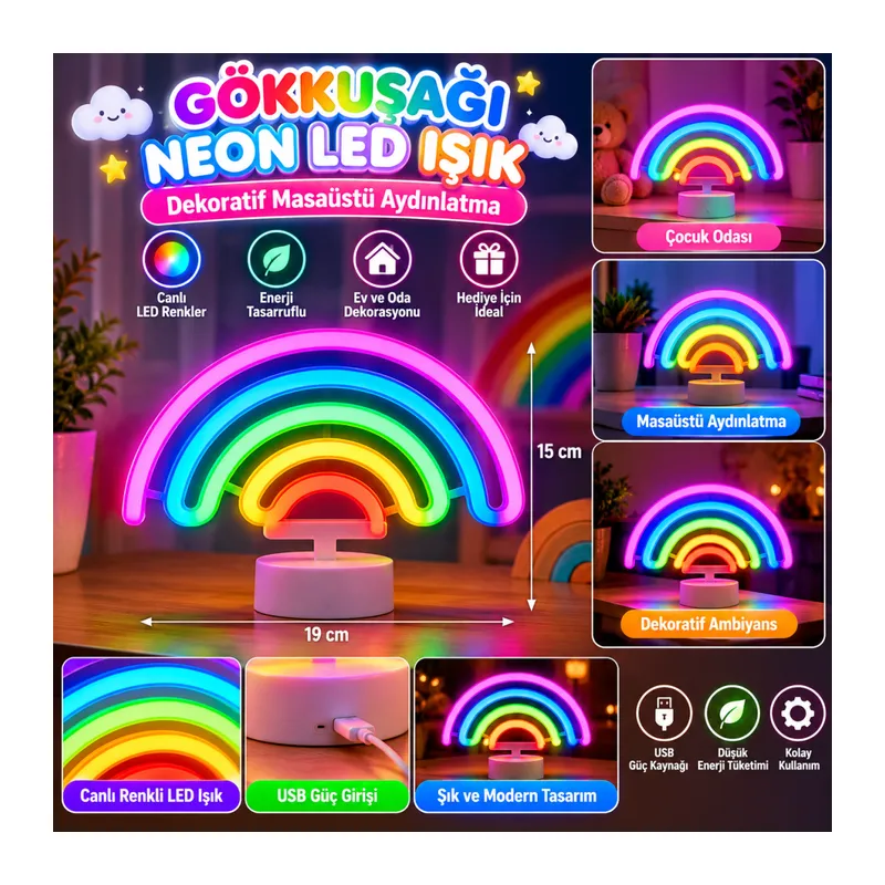 Plastik Gökkuşağı Neon LED Işık – Dekoratif Renkli Masaüstü ve Ambiyans Aydınlatması