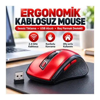Kırmızı Renkli Baş Parmak Destekli Ergonomik Sessiz Kablosuz Mouse – USB Alıcılı, Ofis ve Oyun İçin Konforlu Bilgisayar Faresi MS6300