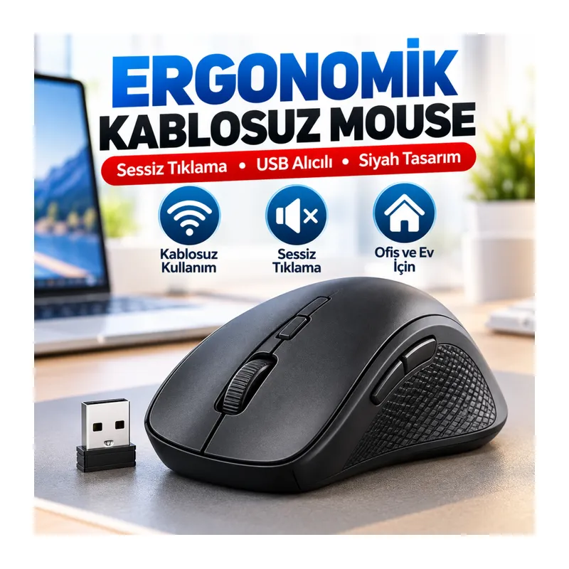 Siyah Renkli Ergonomik Sessiz Kablosuz Mouse – USB Alıcılı, Ofis ve Oyun İçin Konforlu Bilgisayar Faresi MS6310