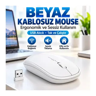 Beyaz Renkli Ergonomik Sessiz Kablosuz Mouse – USB Alıcılı, Ofis ve Oyun İçin Konforlu Bilgisayar Faresi MS6310