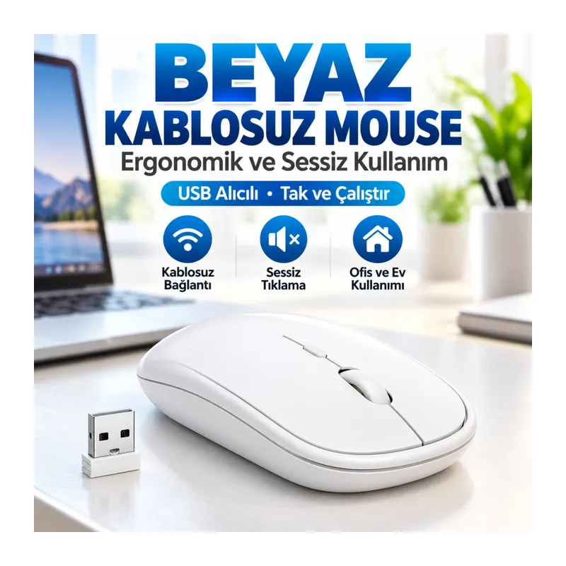 Beyaz Renkli Ergonomik Sessiz Kablosuz Mouse – USB Alıcılı, Ofis ve Oyun İçin Konforlu Bilgisayar Faresi MS6310
