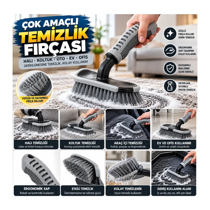 Saplı Halı, Koltuk ve Araç Temizlik Fırçası – Çok Amaçlı İç & Dış Oto, Ev ve Ofis Kullanımı İçin Ergonomik Temizlik Aparatı