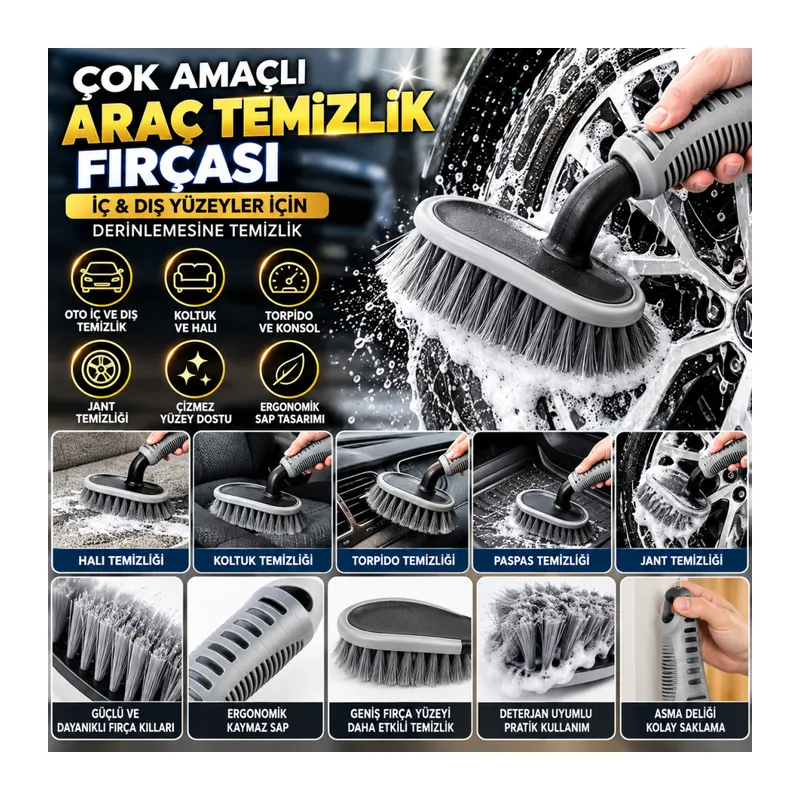 Çok Amaçlı Araç Temizlik Fırçası – Oto İç ve Dış Yüzeyler, Koltuk, Halı, Torpido ve Jant İçin Ergonomik Temizlik Fırçası