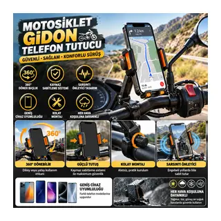 Motosiklet Gidon Telefon Tutucu–360° Döner, Kaymaz Sabitleme Sistemli, Sarsıntı Önleyici Telefon Tutucu Aparat