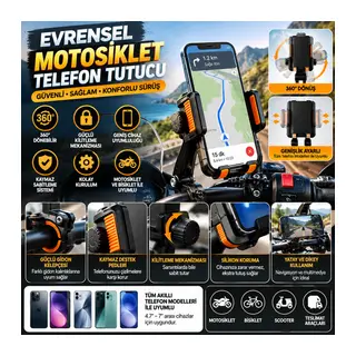Evrensel Motosiklet Telefon Tutucu – Kaymaz, Kilitlenebilir Güvenli Tutuşlu, 360° Ayarlanabilir Gidon Bağlantılı Akıllı Telefon Aparatı