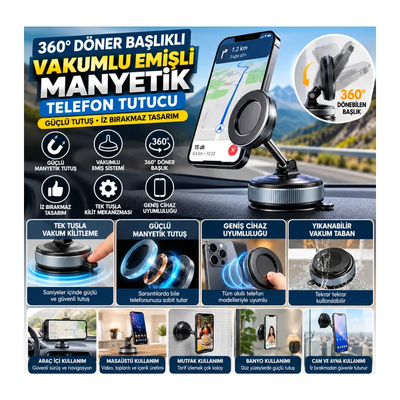 360° Döner Başlıklı Vakumlu Emişli Manyetik Telefon Tutucu – Güçlü Mıknatıslı, İz Bırakmaz