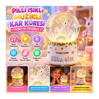 Pilli Işıklı Müzikli Kar Küresi–Pony At Figürlü Eğlenceli Masaüstü Biblo, LED Aydınlatmalı Dekoratif Hediyelik Kar Küresi