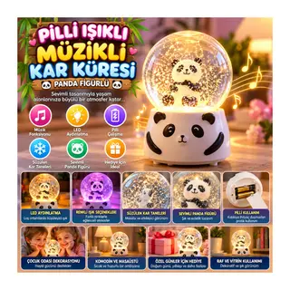 Pilli Işıklı Müzikli Kar Küresi–Sevimli Panda Figürlü Eğlenceli Masaüstü Biblo, LED Aydınlatmalı Dekoratif Hediyelik Kar Küresi